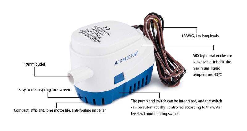 Dontmiss Automatic Submersible small Boat Bilge Pump 12v 750gph Auto with Float Switch 3/4 inch (19mm) Outlet Dia, bilge pumps for boats - Image 2